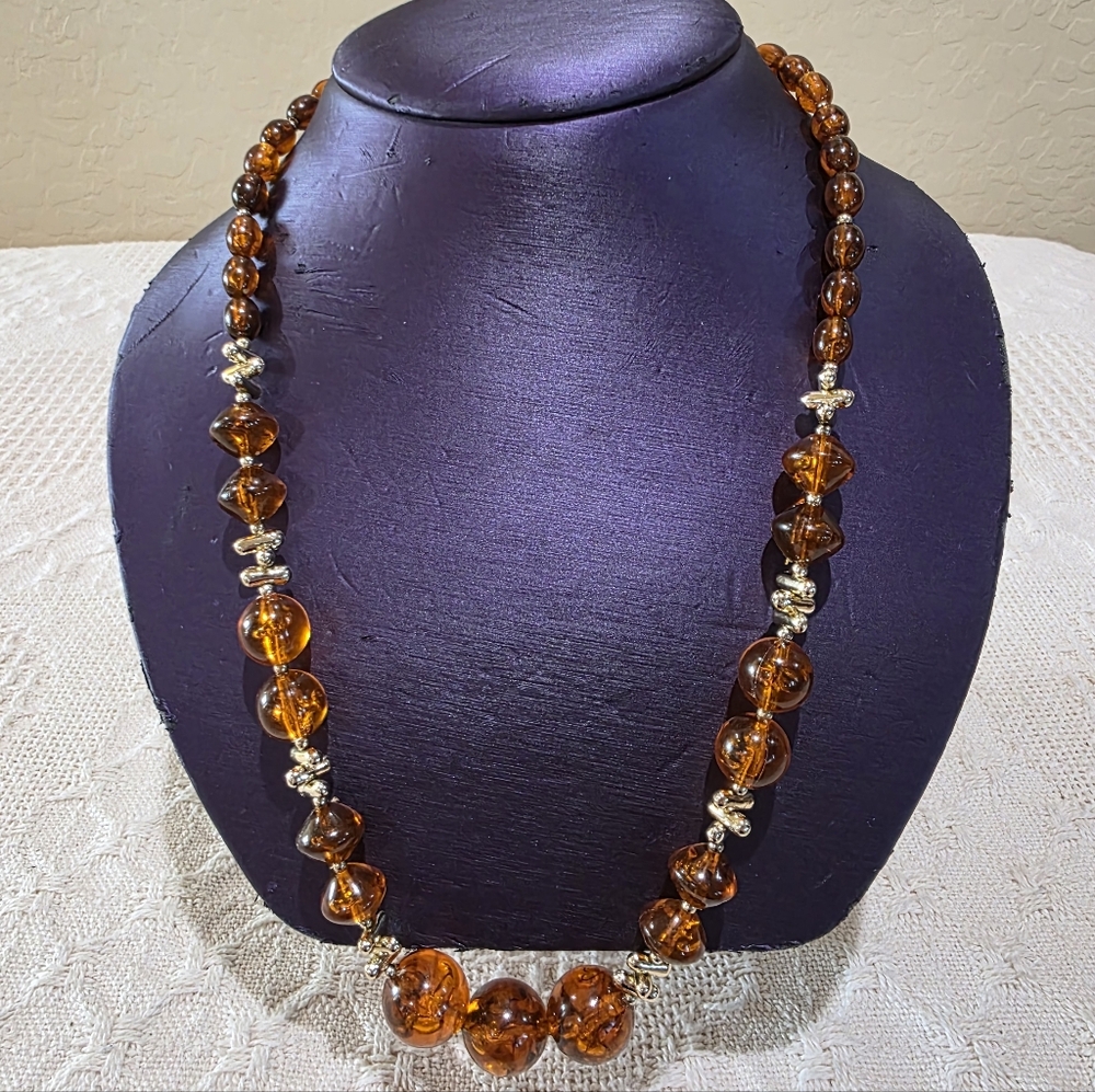 Vintage Acrylic Amber Orange Graduated Bead Gold Bead Spacer Accent Necklace